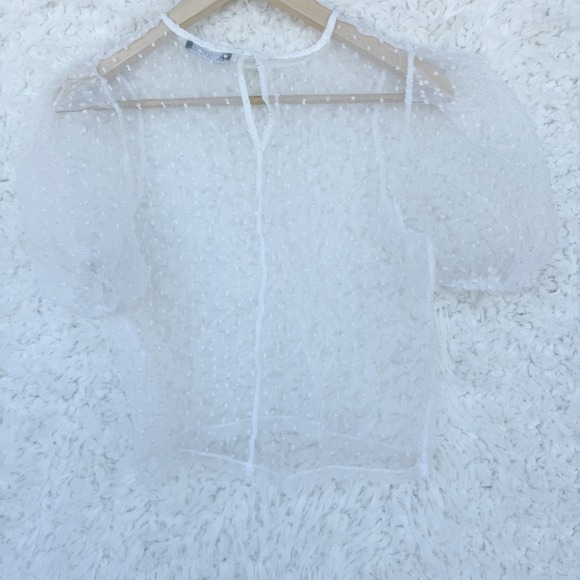 Zara Women's Sheer Swiss Dot Puff Sleeve Top White Blouse Size Small S - Picture 2 of 5